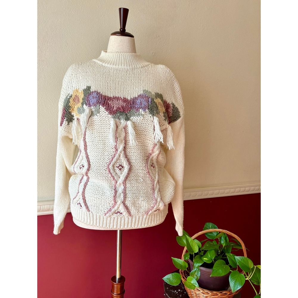 Vintage American Weekend Floral Tassel Chunky Knit Sweater Cream Ramie Blend L‎